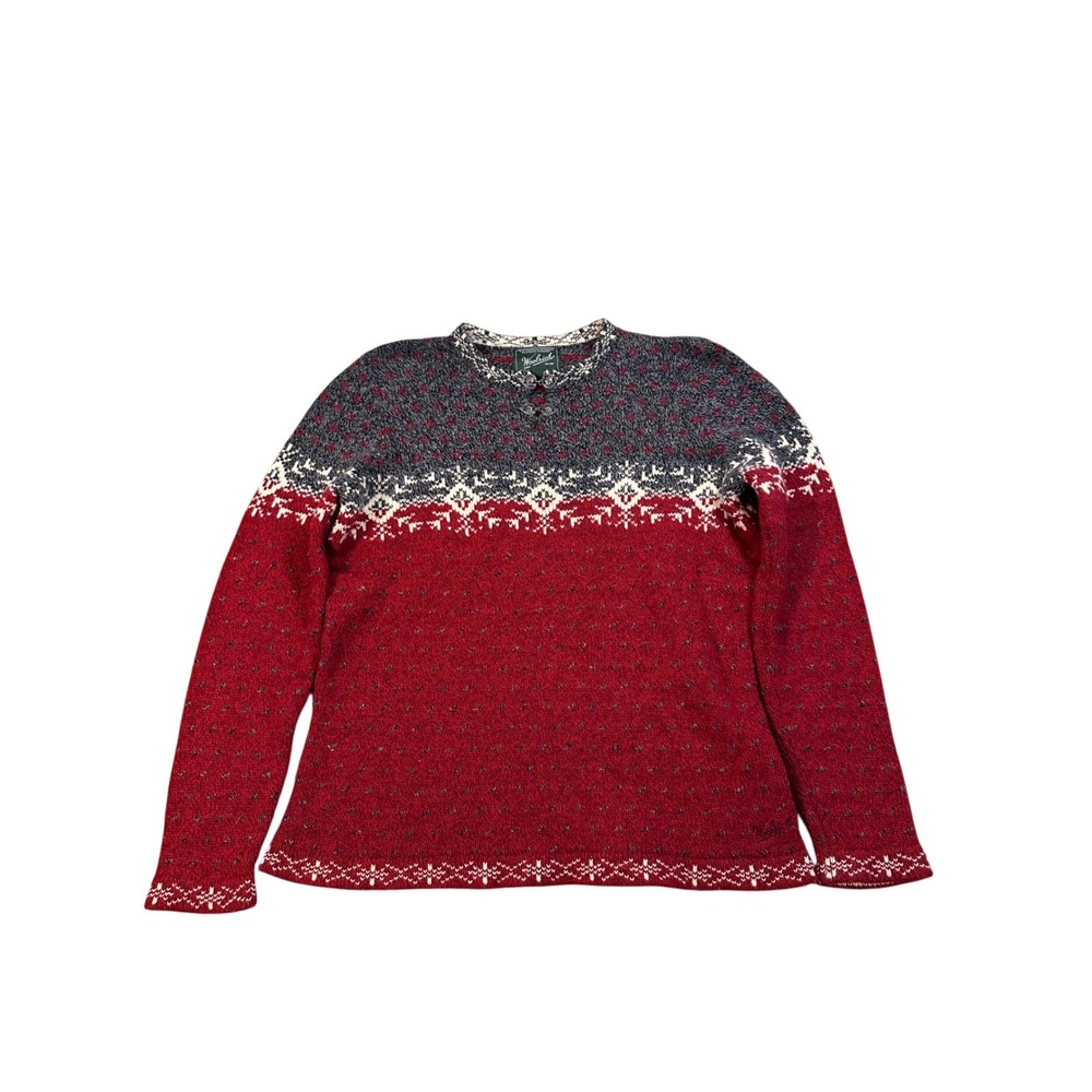 Fair Isle Knit Sweater Womens Red Grey Snowflake Nordic Pullover Long Sleeve